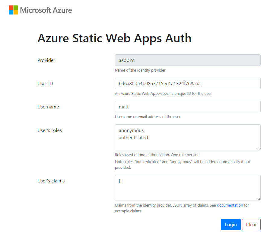 Azure B2C test authentication page